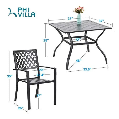 PHI VILLA 5-Piece Metal Patio Outdoor Table and Chairs Dining Set with 1.57" Umbrella Hole - Black PHI VILLA