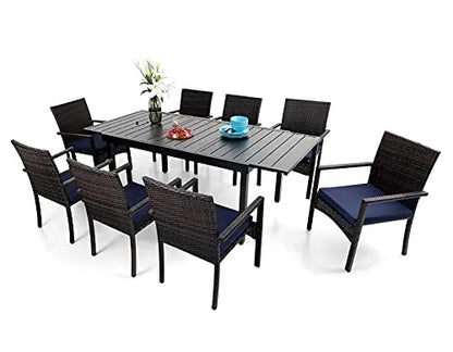PHI VILLA Outdoor Dining Table 9-Piece Set, Metal Table and Rattan Chairs PHI VILLA