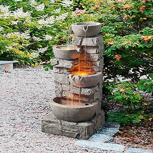 Peaktop 4 Tiered Bowls Floor Stacked Stone Outdoor Waterfall Fountain - 33" - Grey Peaktop