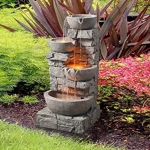 Peaktop 4 Tiered Bowls Floor Stacked Stone Outdoor Waterfall Fountain - 33" - Grey Peaktop