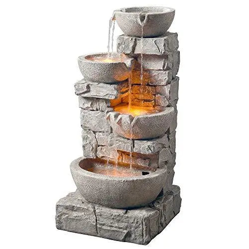 Peaktop 4 Tiered Bowls Floor Stacked Stone Outdoor Waterfall Fountain - 33" - Grey Peaktop