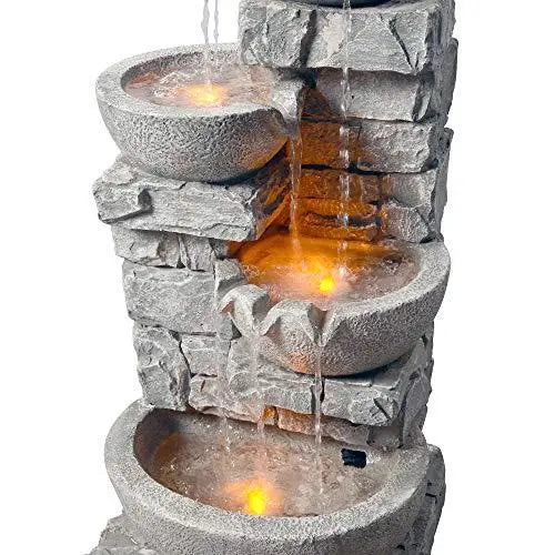 Peaktop 4 Tiered Bowls Floor Stacked Stone Outdoor Waterfall Fountain - 33" - Grey Peaktop