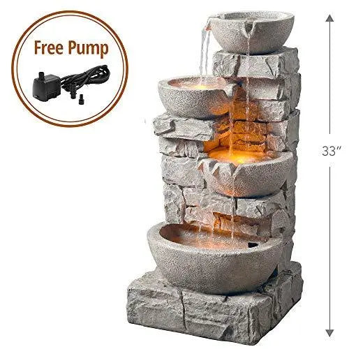 Peaktop 4 Tiered Bowls Floor Stacked Stone Outdoor Waterfall Fountain - 33" - Grey Peaktop