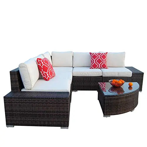 Polar Aurora 6-Piece Rattan Wicker Patio Outdoor Sectional  Sofa Furniture Set - Brown & Beige Polar Aurora