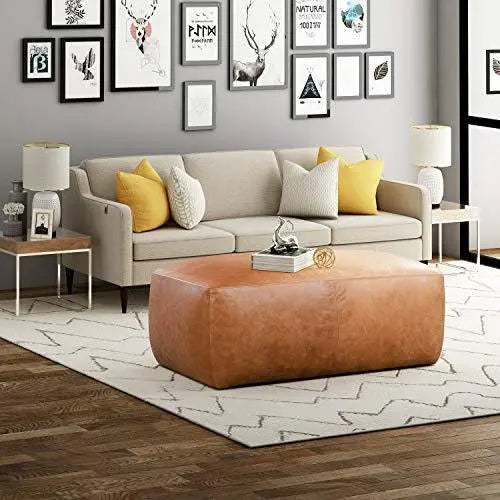 Poly and Bark Denver Modern Leather Ottoman Pouf - Cognac Tan POLY & BARK