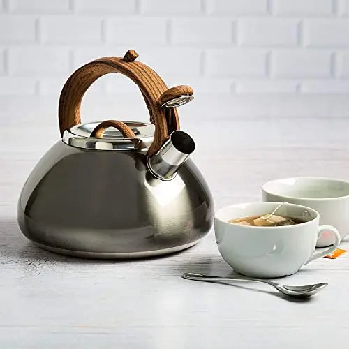 Primula Avalon Whistling Stovetop Tea Kettle, 2.5 QT - Gunmetal Grey/Wood Finish Primula