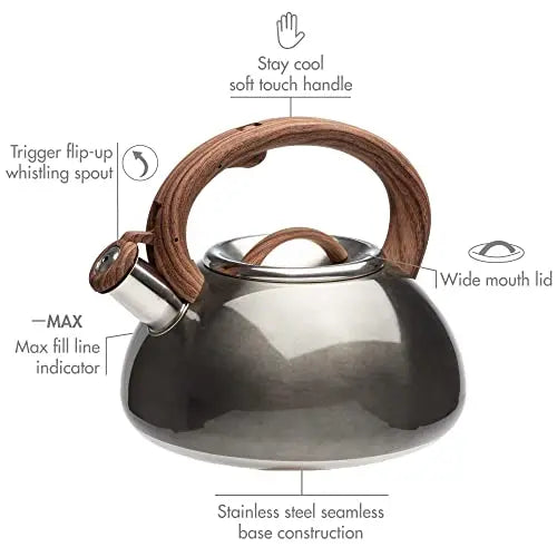 Primula Avalon Whistling Stovetop Tea Kettle, 2.5 QT - Gunmetal Grey/Wood Finish Primula