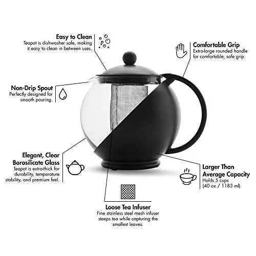 Primula Half Moon Teapot with Removable Infuser, 40 Oz - Black Primula