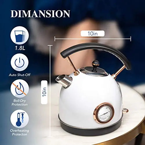 Pukomc Retro Electric Stainless Steel 1.8L Tea Kettle - White Pukomc