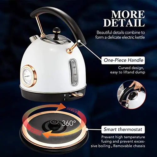 Pukomc Retro Electric Stainless Steel 1.8L Tea Kettle - White Pukomc