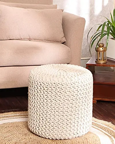 REDEARTH Cylindrical Modern Pouf | Knit Braided Footrest - Ivory REDEARTH