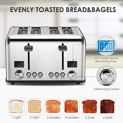 REDMOND 4 Slice Toaster with Bagel Defrost Function, 6 Shade Settings -  Stainless Steel REDMOND