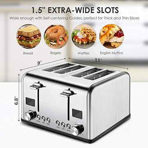 BUYDEEM 4-Slice Toaster, Extra Wide Slots, Retro Stainless Steel 