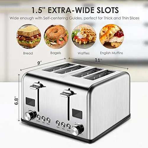 REDMOND 4 Slice Toaster with Bagel Defrost Function, 6 Shade Settings -  Stainless Steel REDMOND