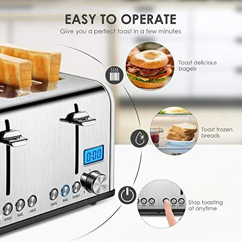 REDMOND 4 Slice Toaster with Bagel Defrost Function, 6 Shade Settings -  Stainless Steel REDMOND