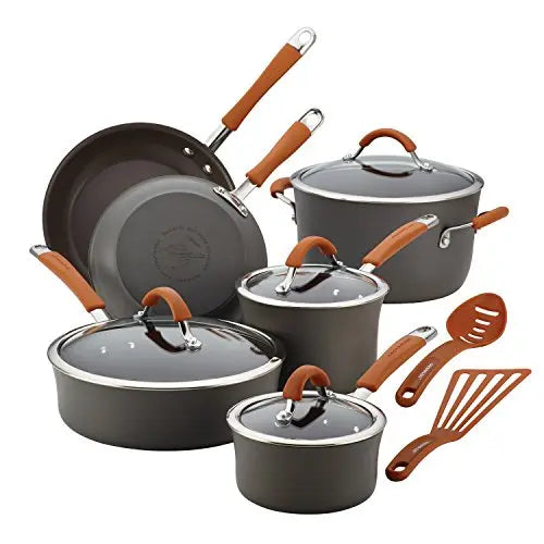 Rachael Ray Cookware Set | Cucina Nonstick Pots and Pans 12 Piece, Gray/Orange Rachael Ray
