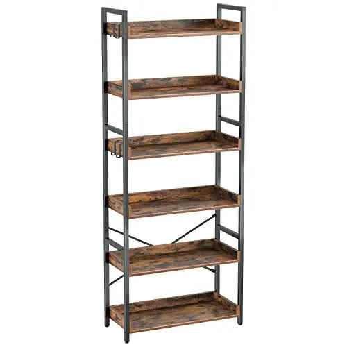 Rolanstar Bookshelf | 6 Tier Industrial Bookcase - Rustic Brown Rolanstar