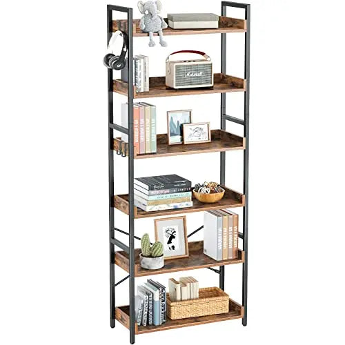 Rolanstar Bookshelf | 6 Tier Industrial Bookcase - Rustic Brown Rolanstar