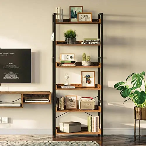 Rolanstar Bookshelf | 6 Tier Industrial Bookcase - Rustic Brown Rolanstar