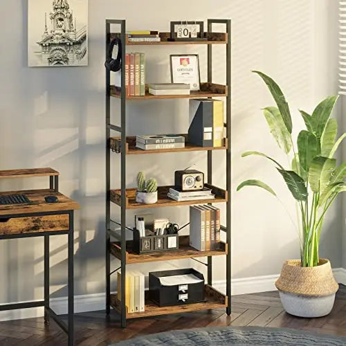 Rolanstar Bookshelf | 6 Tier Industrial Bookcase - Rustic Brown Rolanstar