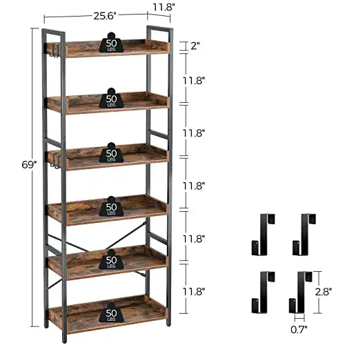 Rolanstar Bookshelf | 6 Tier Industrial Bookcase - Rustic Brown Rolanstar