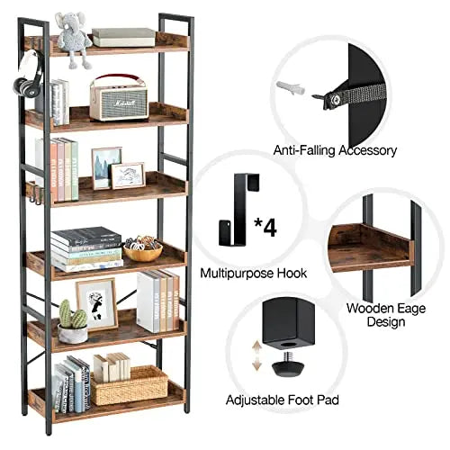 Rolanstar Bookshelf | 6 Tier Industrial Bookcase - Rustic Brown Rolanstar