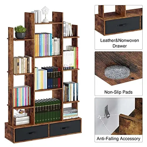 Rolanstar Bookshelf with 2 Drawers | Rustic Wood Bookshelves - Brown Rolanstar
