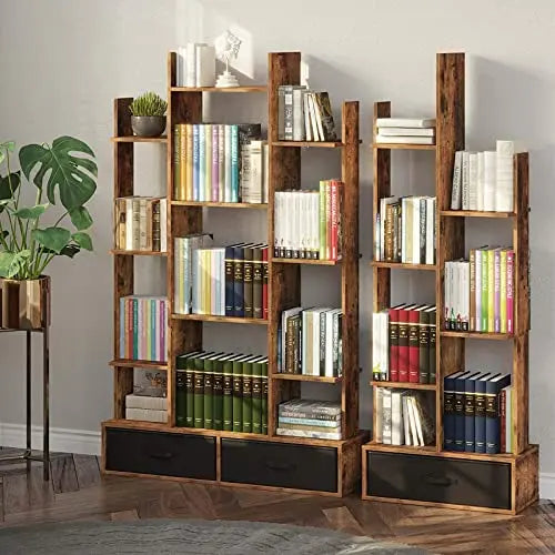 Rolanstar Bookshelf with 2 Drawers | Rustic Wood Bookshelves - Brown Rolanstar