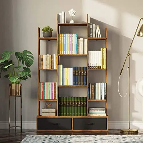 Rolanstar Bookshelf with 2 Drawers | Rustic Wood Bookshelves - Brown Rolanstar