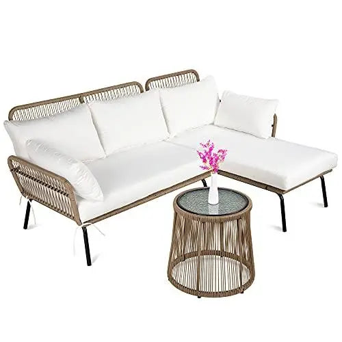 Rope Woven Sectional Patio Furniture L-Shaped Sofa Set - White Best Choice Products