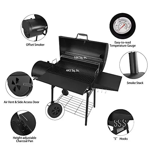 Royal Gourmet CC1830SC Charcoal Grill Offset Smoker with Cover - Black Royal Gourmet