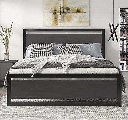 SHA CERLIN Bed Frame | Metal Wooden Heavy Duty Platform Bed- Black/Grey SHA CERLIN