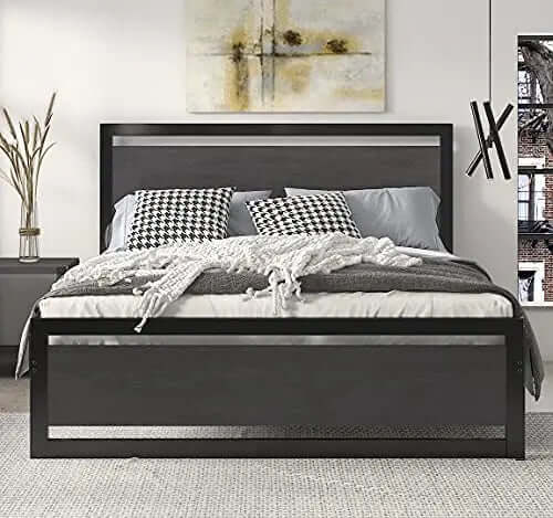 SHA CERLIN Bed Frame | Metal Wooden Heavy Duty Platform Bed- Black/Grey SHA CERLIN