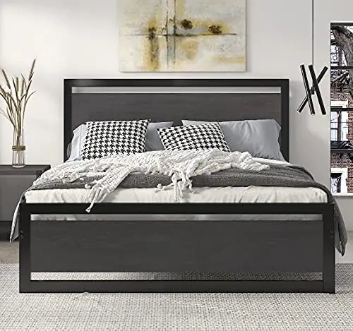 SHA CERLIN Bed Frame | Metal Wooden Heavy Duty Platform Bed- Black/Grey SHA CERLIN