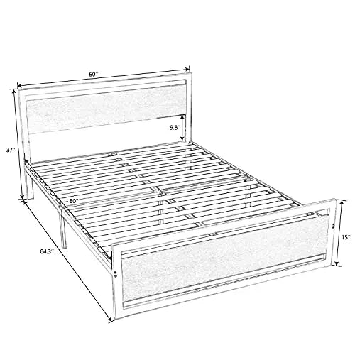 SHA CERLIN Bed Frame | Metal Wooden Heavy Duty Platform Bed- Black/Grey SHA CERLIN