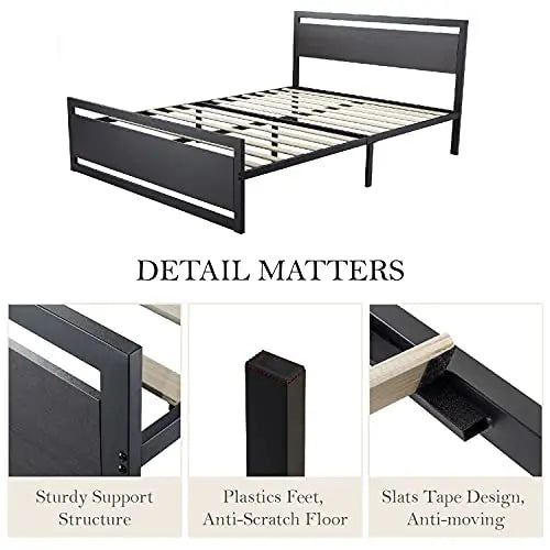 SHA CERLIN Bed Frame | Metal Wooden Heavy Duty Platform Bed- Black/Grey SHA CERLIN