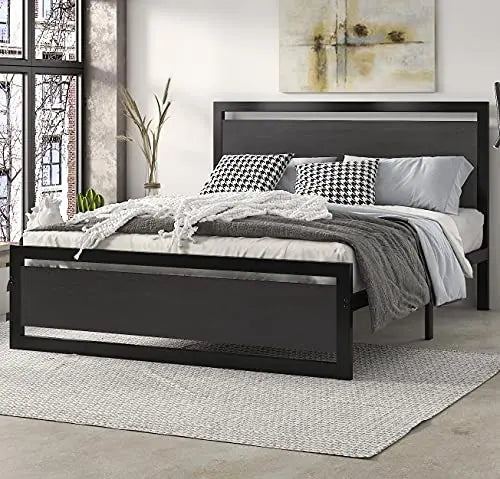 SHA CERLIN Bed Frame | Metal Wooden Heavy Duty Platform Bed- Black/Grey SHA CERLIN