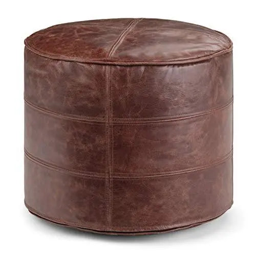 SIMPLIHOME Connor Round Modern Pouf - Distressed Brown Leather SIMPLIHOME