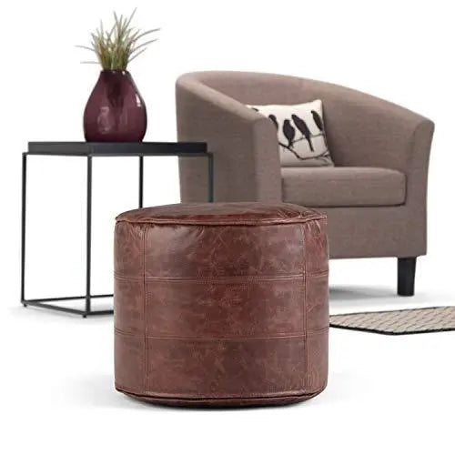 SIMPLIHOME Connor Round Modern Pouf - Distressed Brown Leather SIMPLIHOME