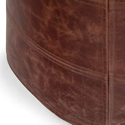 SIMPLIHOME Connor Round Modern Pouf - Distressed Brown Leather SIMPLIHOME