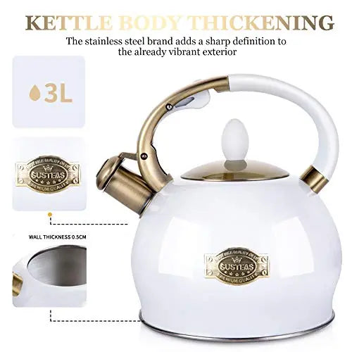 SUSTEAS Stove Top Whistling Tea Kettle | Stainless Steel Teapot, 2.64 QT - White SUSTEAS