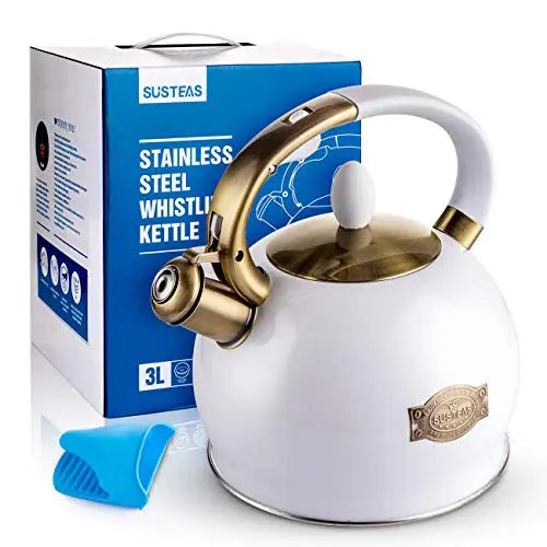 SUSTEAS Stove Top Whistling Tea Kettle | Stainless Steel Teapot, 2.64 QT - White SUSTEAS