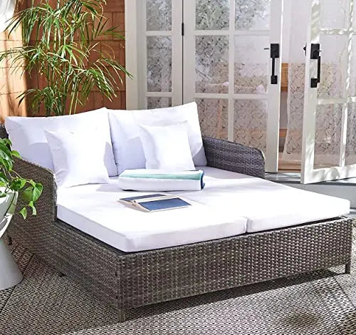 Safavieh Cadeo Outdoor Daybed | Brown Cushion Patio Lounger - Grey/White Safavieh