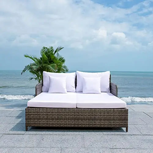 Safavieh Cadeo Outdoor Daybed | Brown Cushion Patio Lounger - Grey/White Safavieh