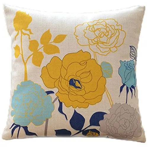 Set of 2 Blue and Yellow Farmhouse Cotton Linen Throw Pillow Covers, 18"x18" - Blue/Yellow/Cream sykting