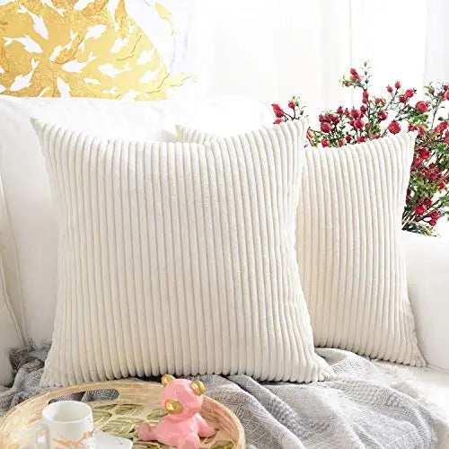 Set of 2 Corduroy Soft Decorative Modern Throw Pillow Covers | Cushion Covers Pillowcase, 18"x18" - Striped Cream MERNETTE
