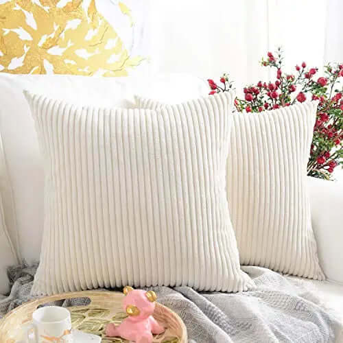 Set of 2 Corduroy Soft Decorative Modern Throw Pillow Covers | Cushion Covers Pillowcase, 18"x18" - Striped Cream MERNETTE