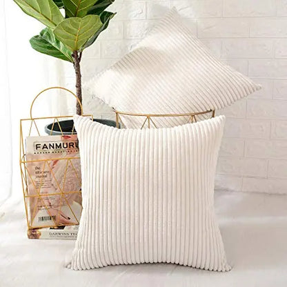 Set of 2 Corduroy Soft Decorative Modern Throw Pillow Covers | Cushion Covers Pillowcase, 18"x18" - Striped Cream MERNETTE