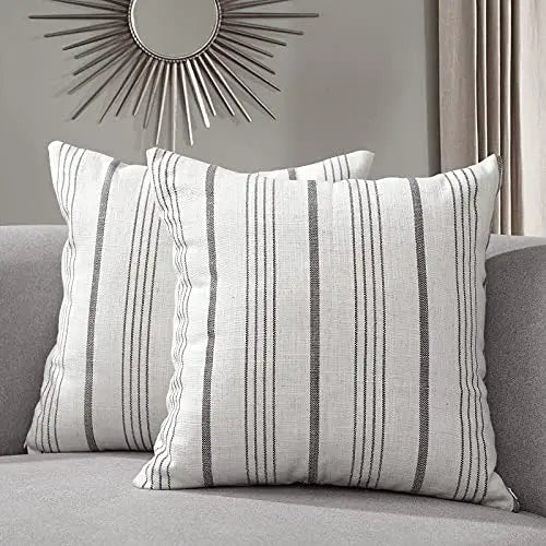 Set of 2 Decorative Accent Farmhouse Modern Throw Pillow Cover, 18"x18" - Off White with Grey Stripes Sunlit