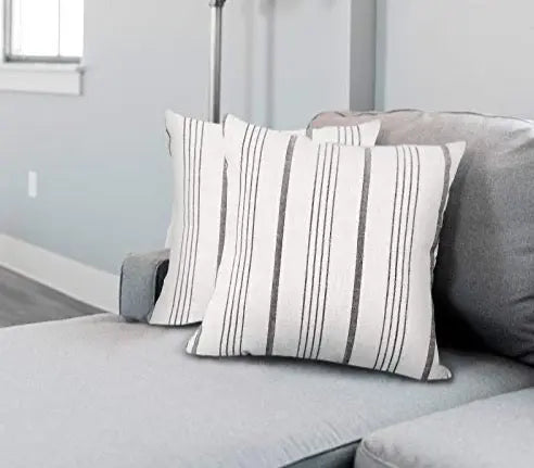 Set of 2 Decorative Accent Farmhouse Modern Throw Pillow Cover, 18"x18" - Off White with Grey Stripes Sunlit